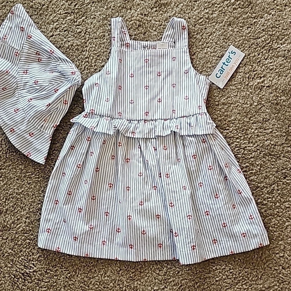 Carters baby girl anchor blue and white stripe dress with matching hat